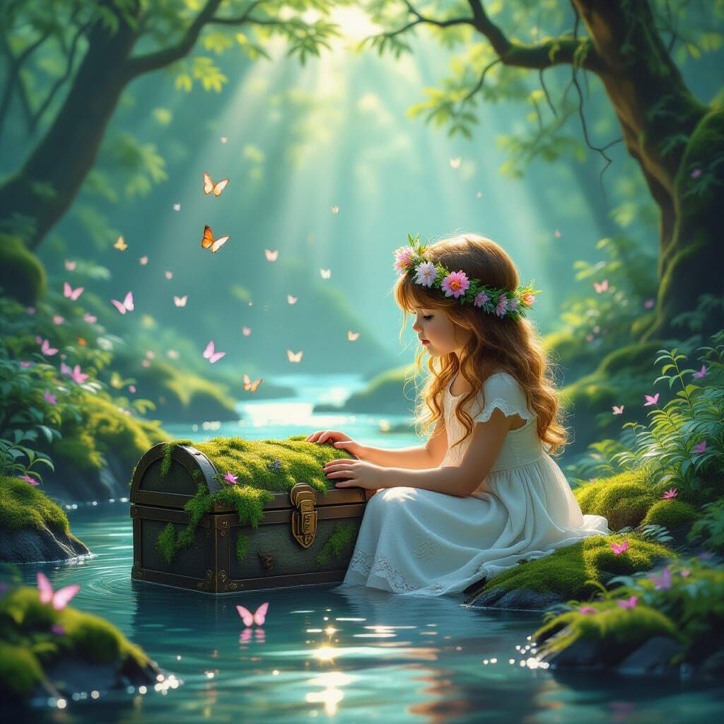 Auburn Haired Girl Beside Stone Chest