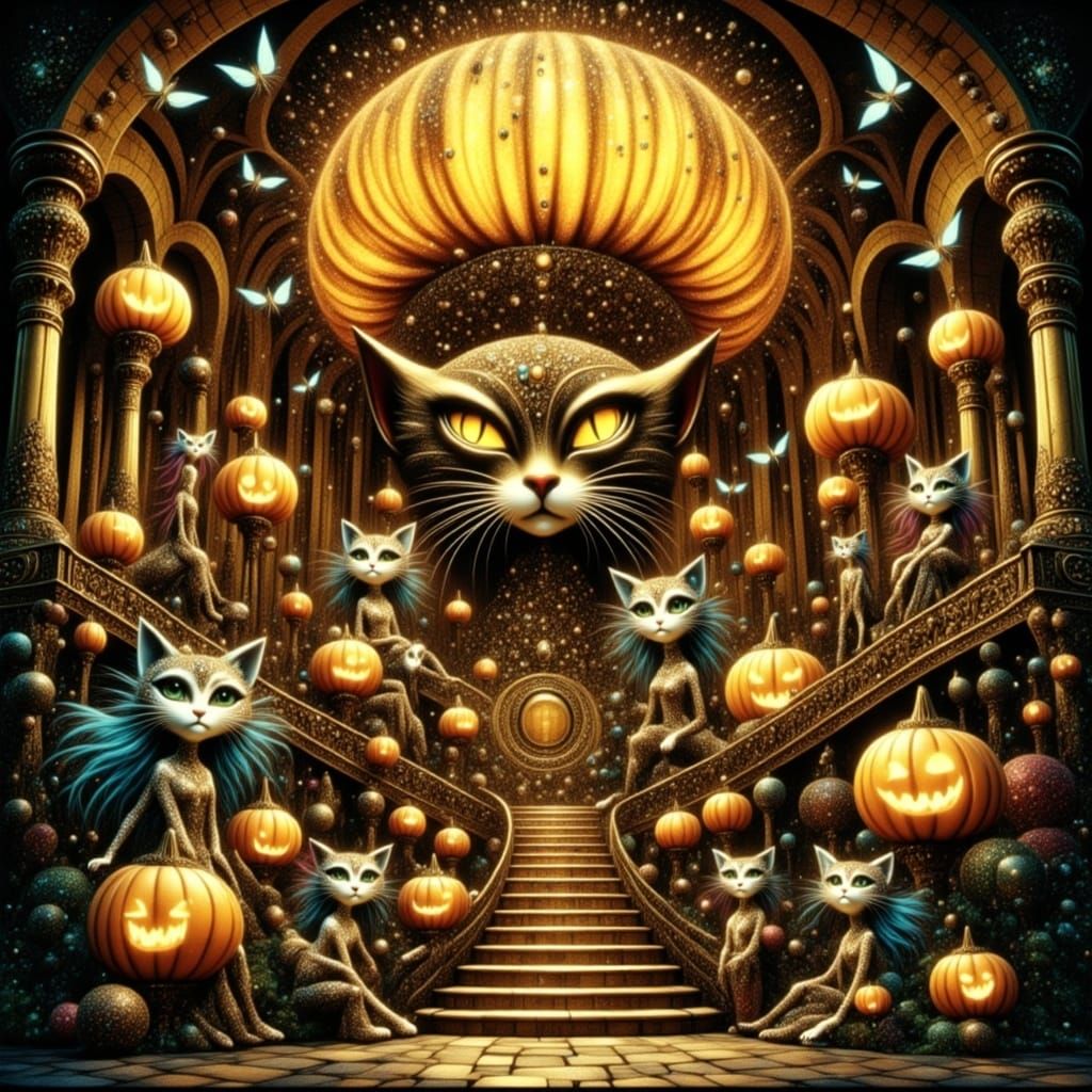 Haunted New Year's Eve Ball with Cat Creatures and Fairies