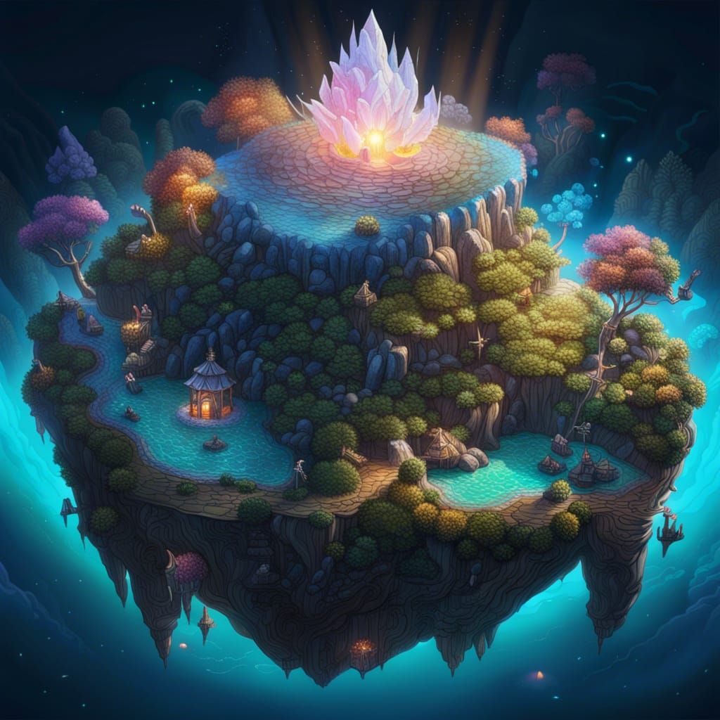 Luminescent Crystals Light a Floating Island Dreamscape