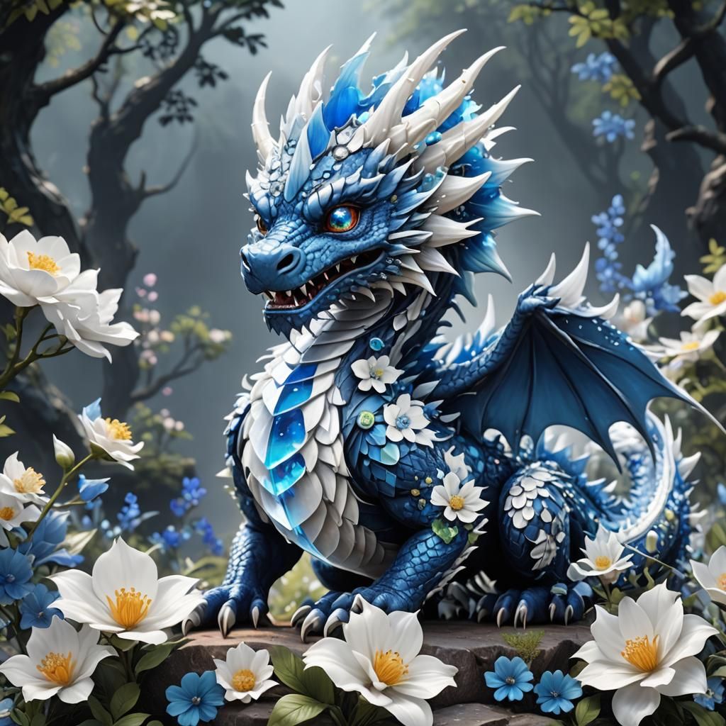 Blue and White Crystal Flower Dragon Art