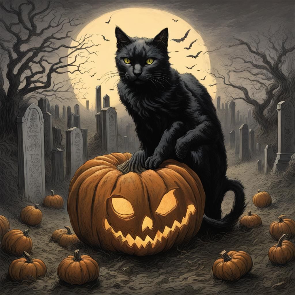 Black Cat in Cemetery, Gothic Horror Style