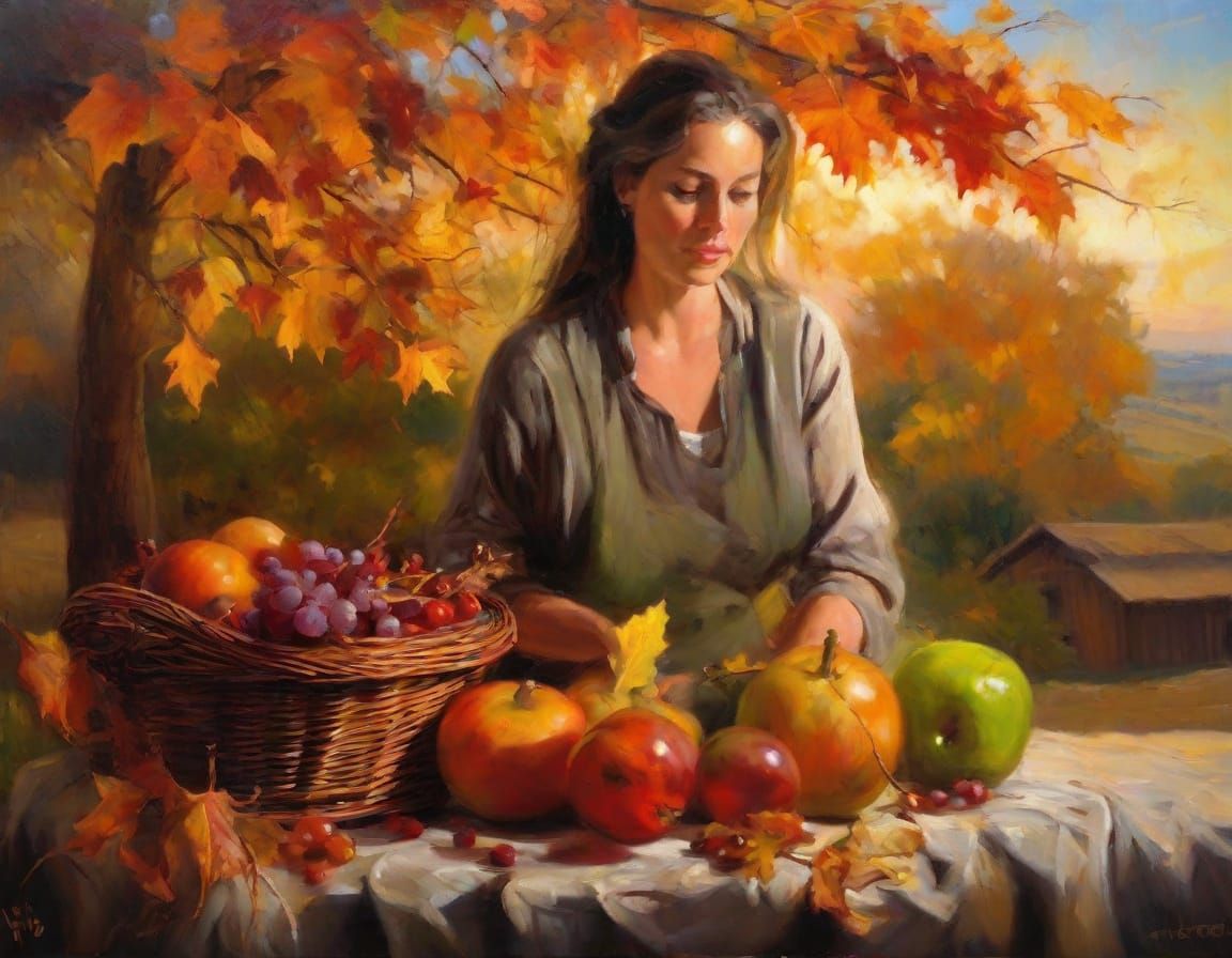 Bountiful Autumn Harvest in Realistic Oil Painting