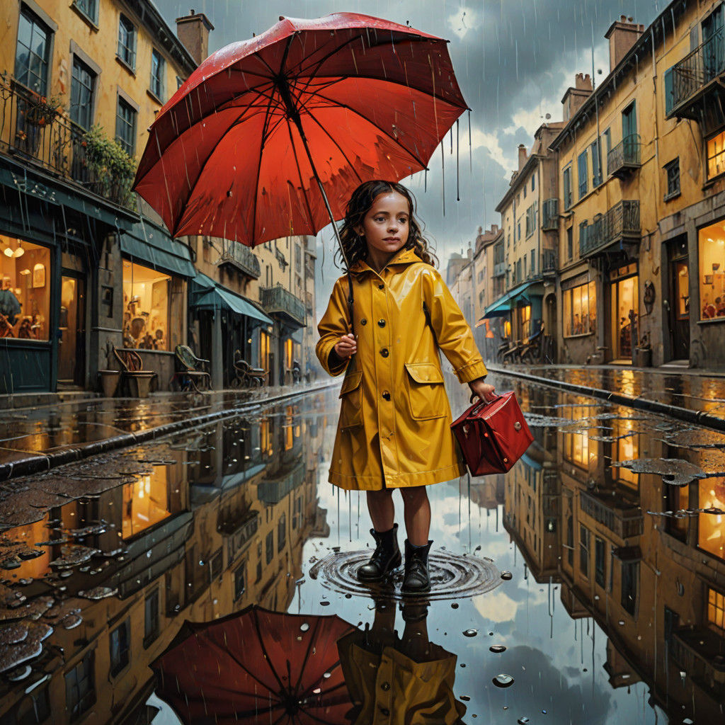 Joyful Girl Leaps in a Surreal Rainy Landscape with Melting...