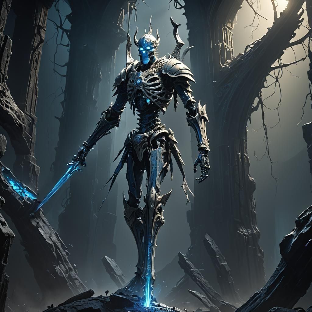 Biomechanical Guardian with Bone Sword in Noir Style