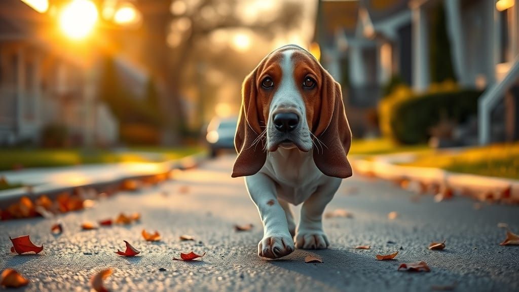 Golden Hour Basset Hound Walk on Autumn Street