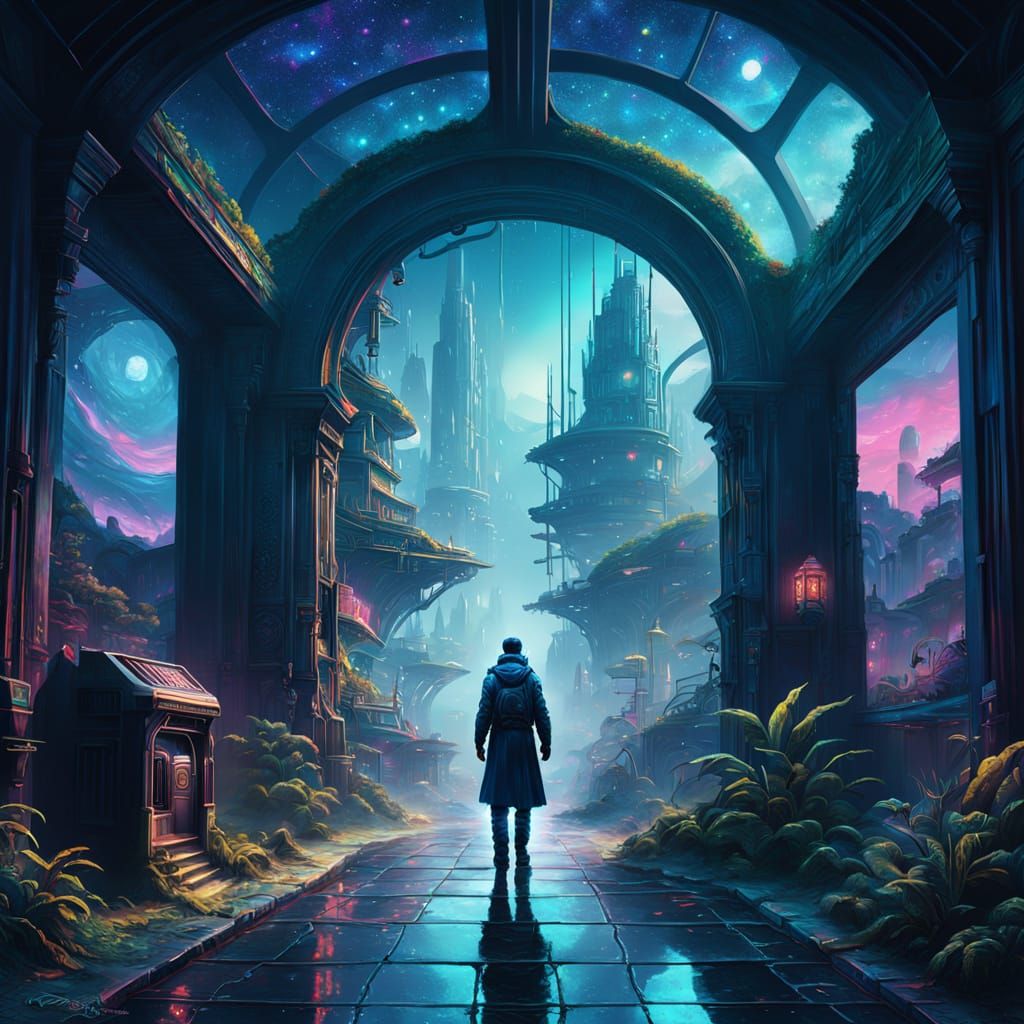 Holographic Astral Cosmic Illustration in Cyberpunk Style