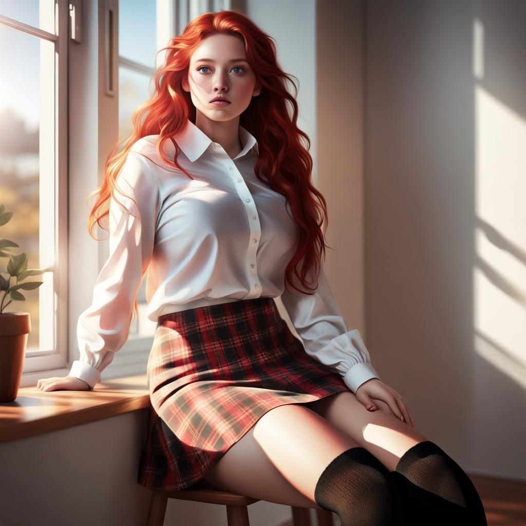 Redhead in Plaid Skirt Sitting in Sunlight
