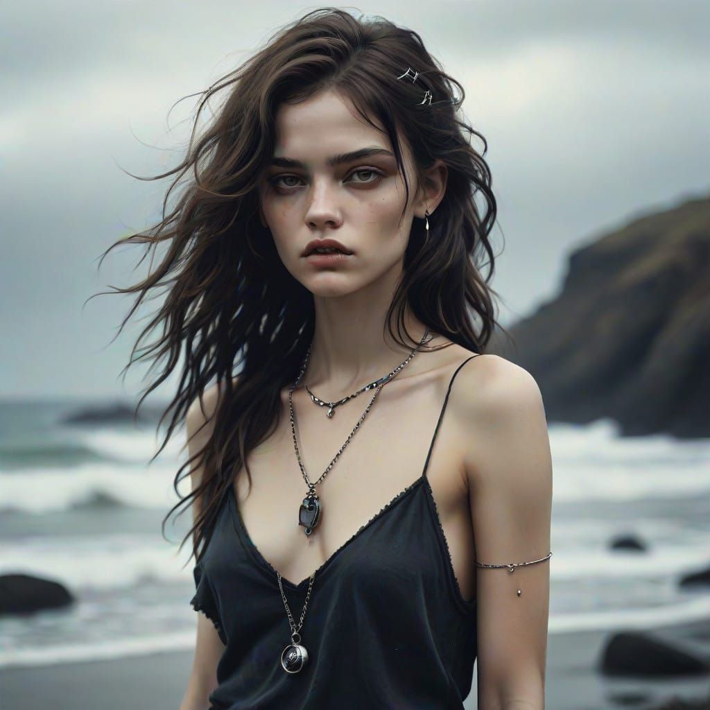 Hyper-realistic Gothic-child, long, dark brown hair that falls in loose waves down her back. Her bright, expressive brow...