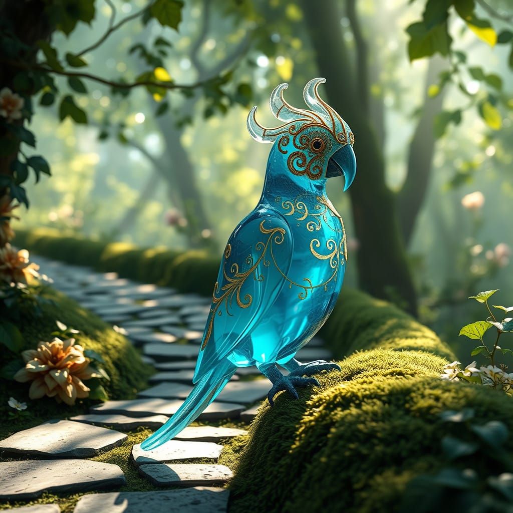 Ethereal Blue Glass Parrot in Golden Filigree