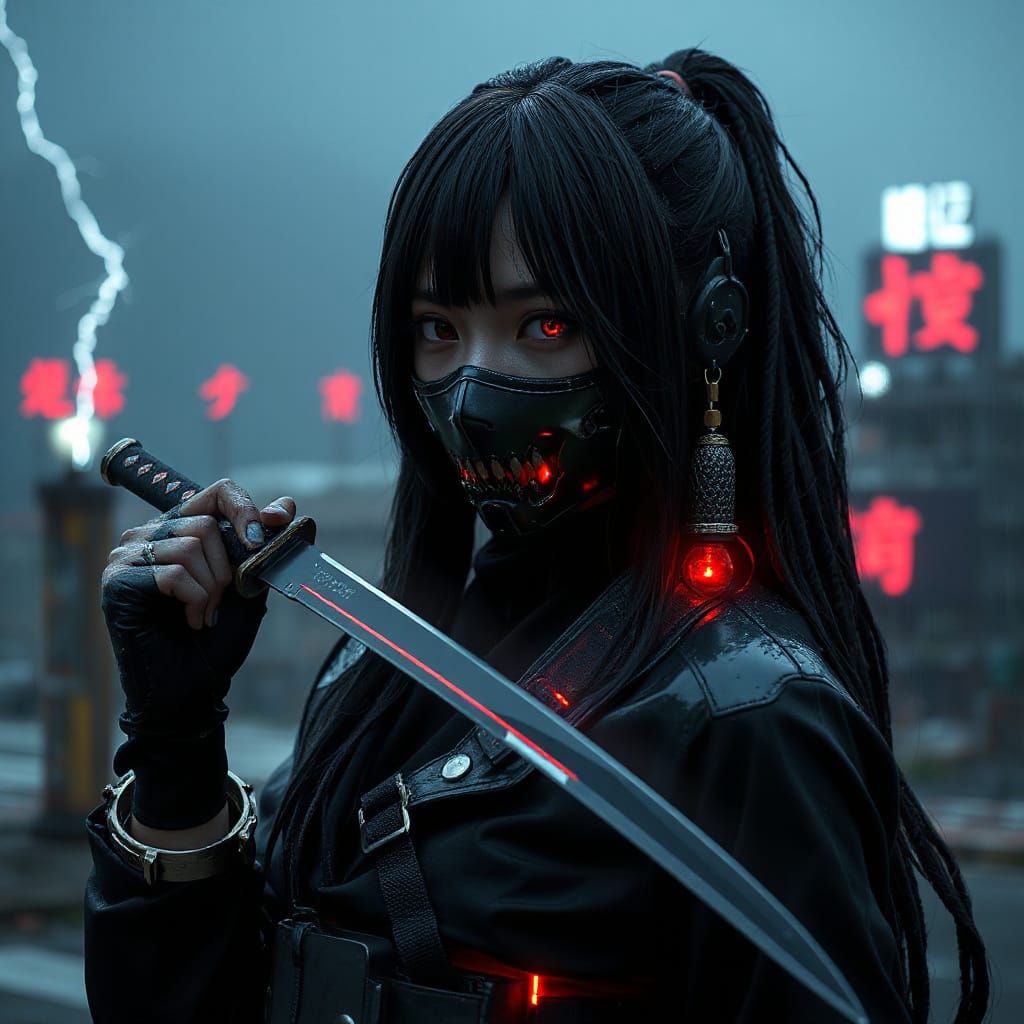 Cyberpunk Ninja Girl in Wet Attire, Illuminated by Lightning