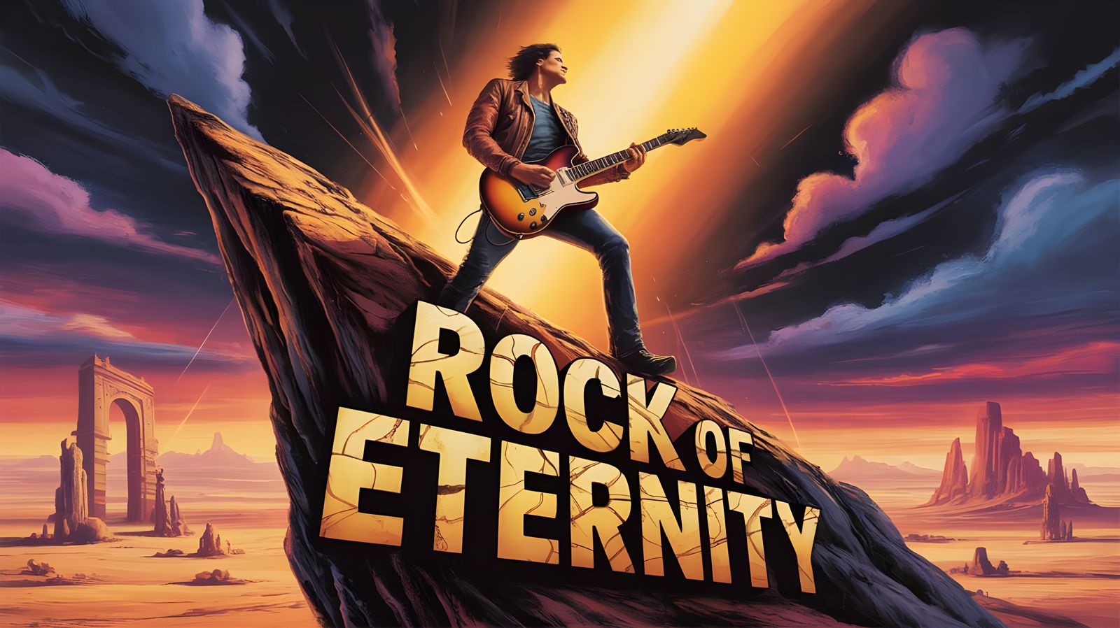 Rock Guitarist on Jagged Cliff at Sunset