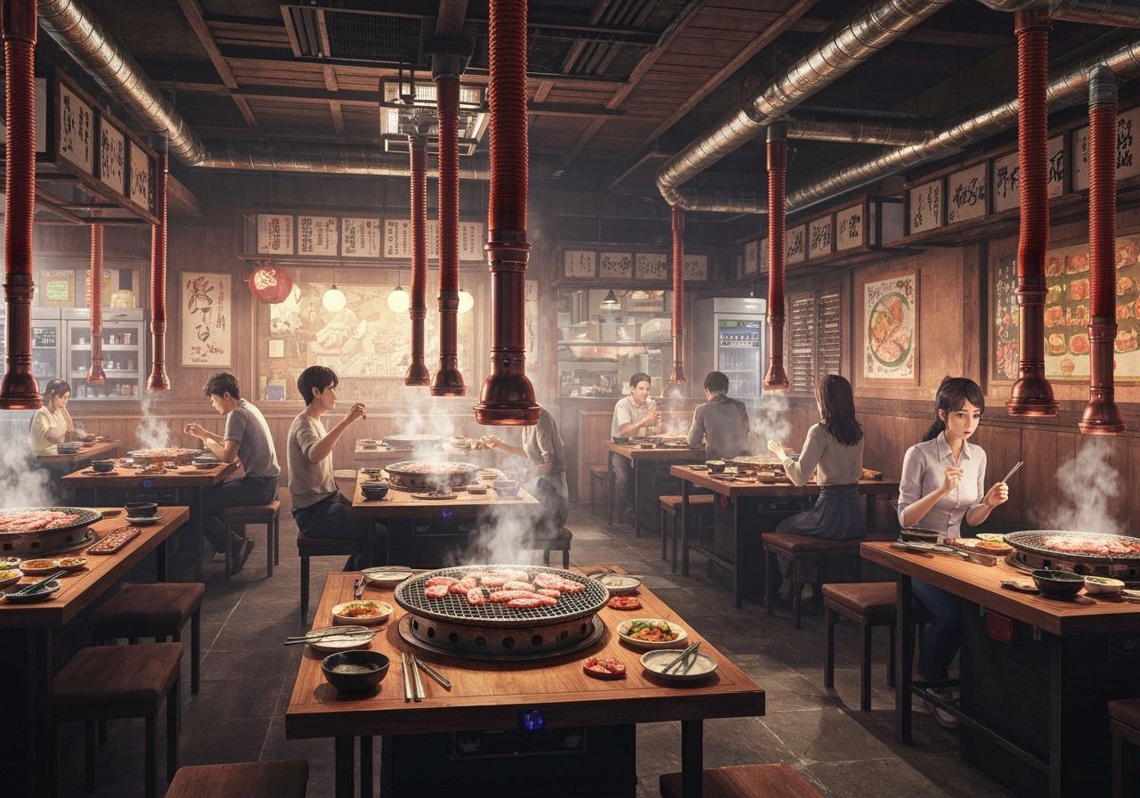 Vibrant 3D Anime Korean BBQ Restaurant Interior