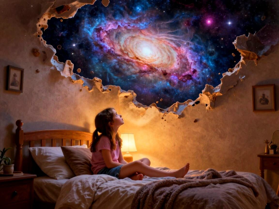 Girl Amazed by Surreal Galaxy in Cozy Bedroom