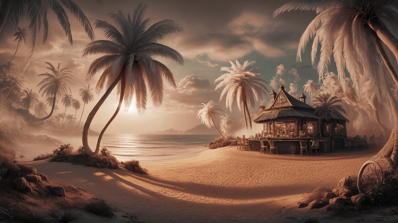 Tropical Beach Sunset in Ethereal Fantasy Landscape