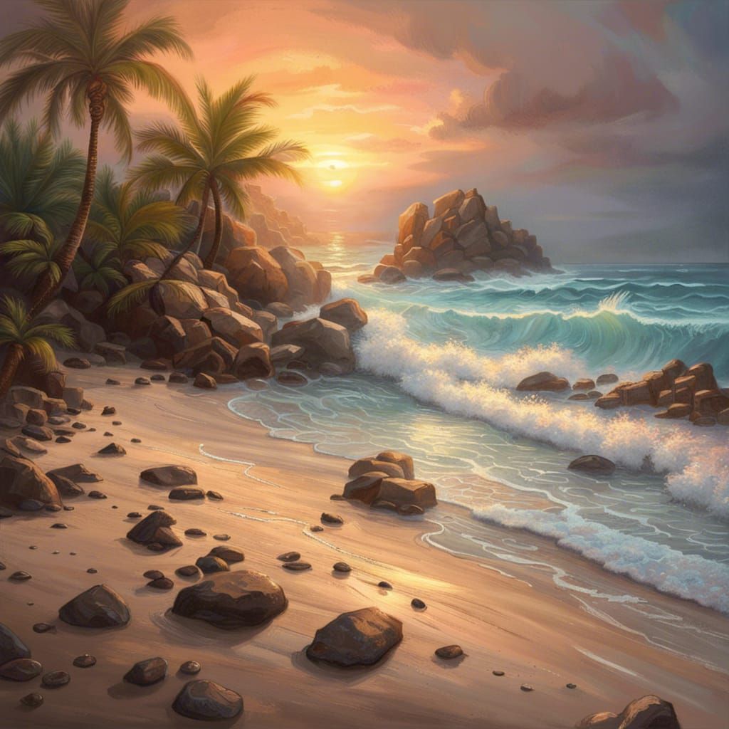 Fantasy Tropical Beach Oil Painting at Sunset