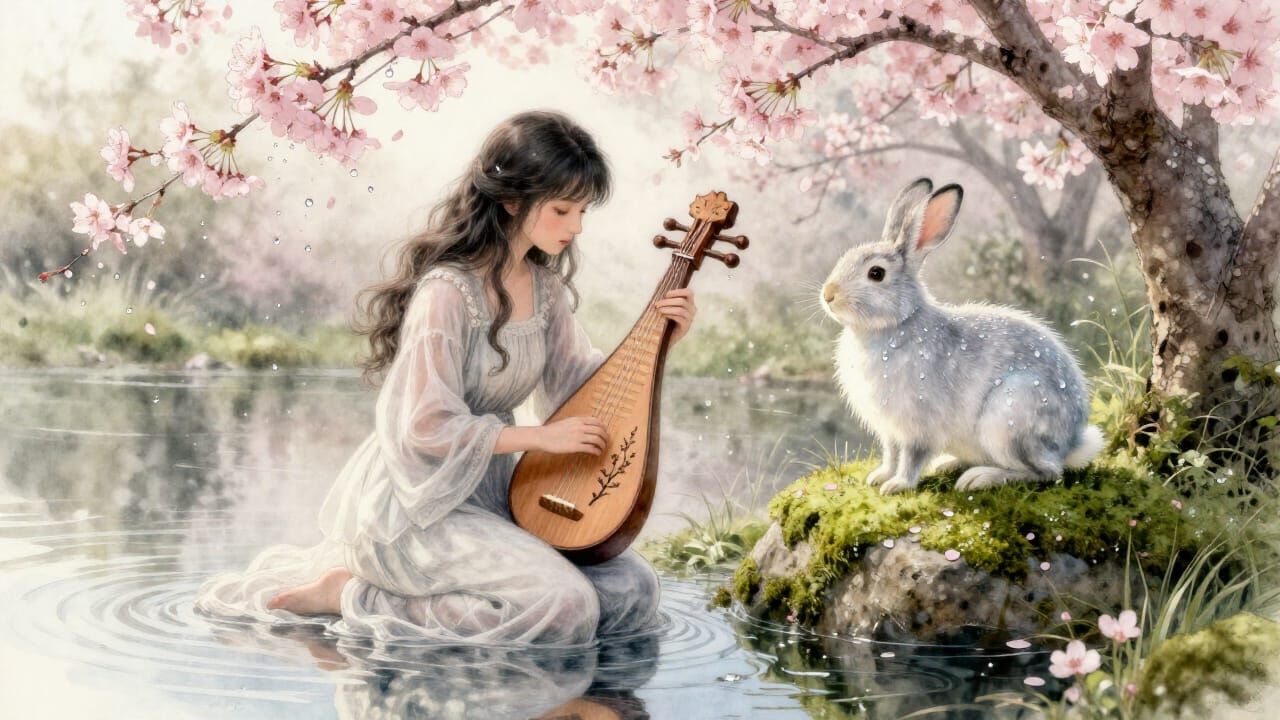 Spring Guardian with Dew-Hare by Mirror Pool, Watercolor Sun...