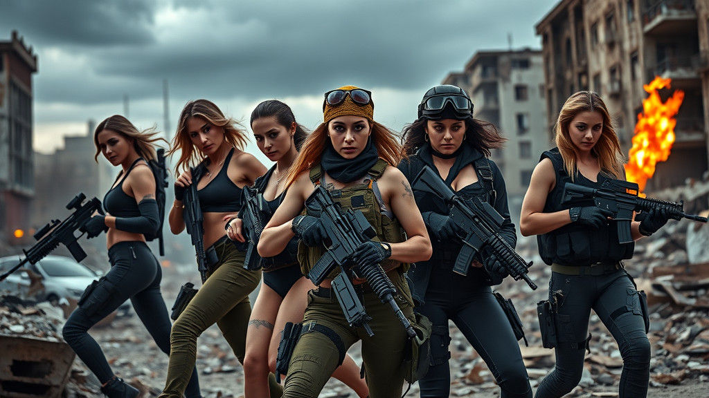 Elite Female Special Forces in War-Torn Cityscape