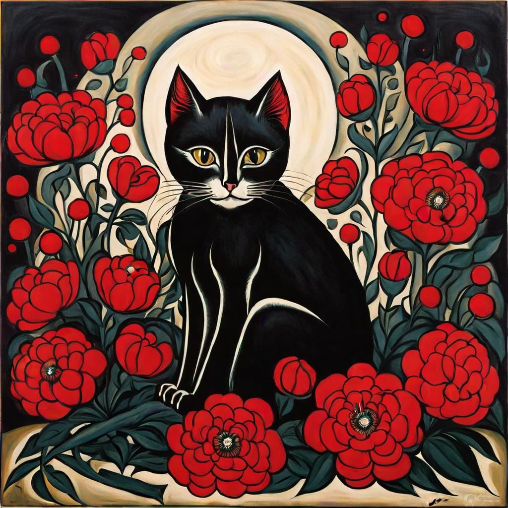 Cat on Pillow Surrounded by Flowers, Orozco Style