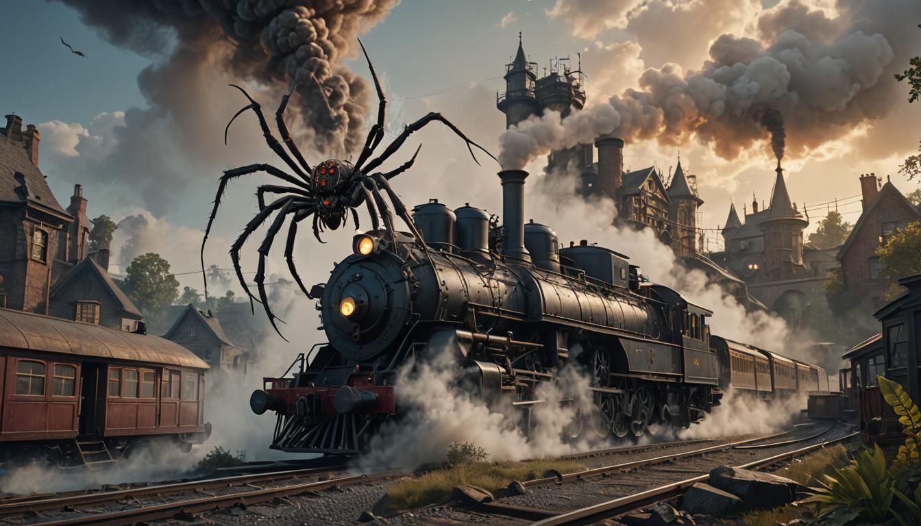 Spider Web with Steam Train: Detailed Matte Painting