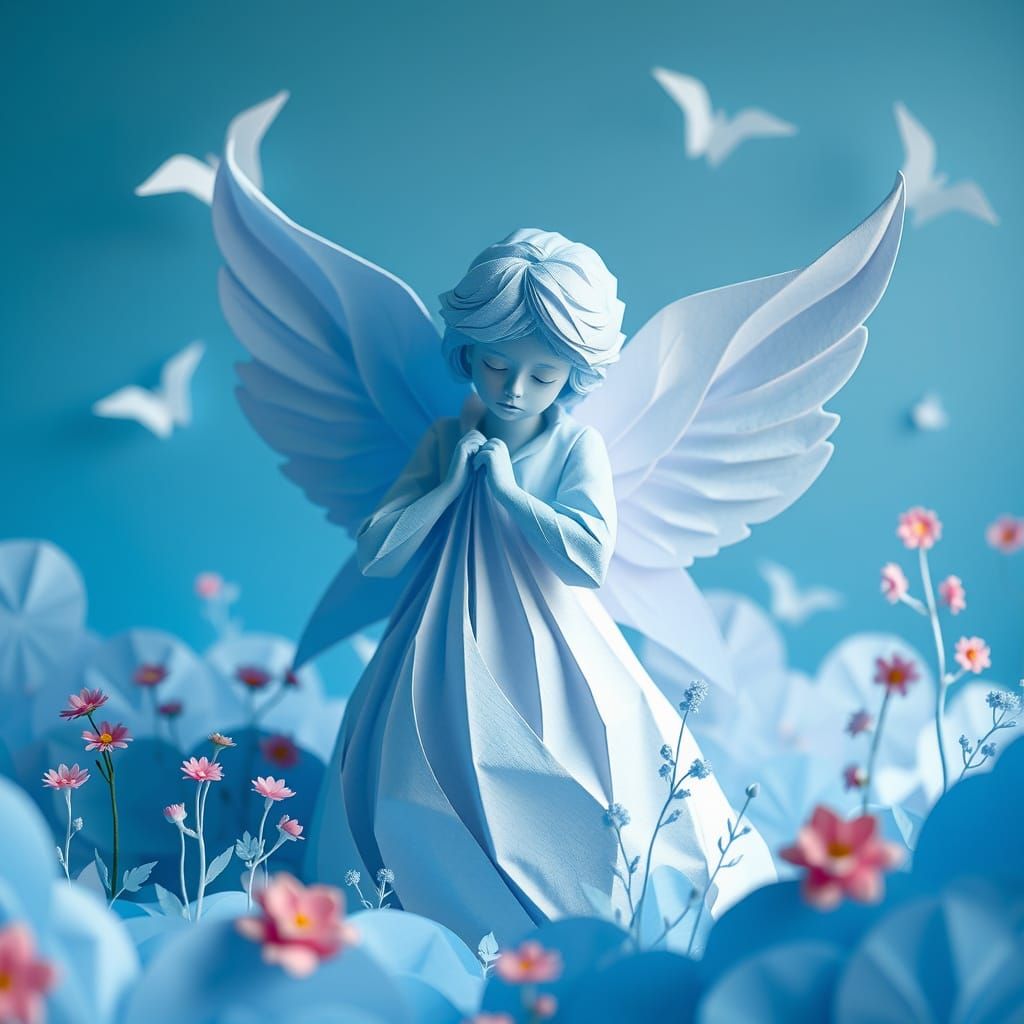 Melancholic Blue Angel in Papercraft Realm