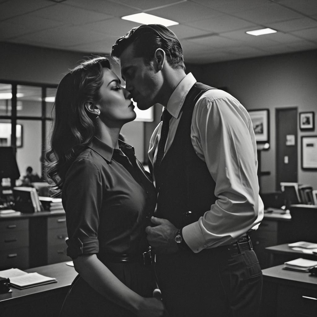 Noir-Style: A Couple's Dramatic Kiss in Office