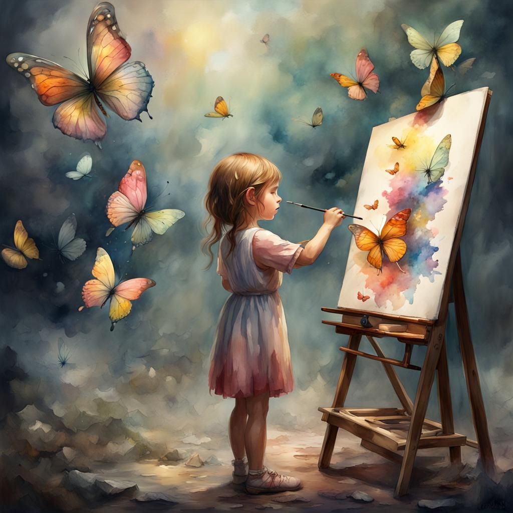 Girl Painting Butterflies: Watercolor Art, 1920s Style