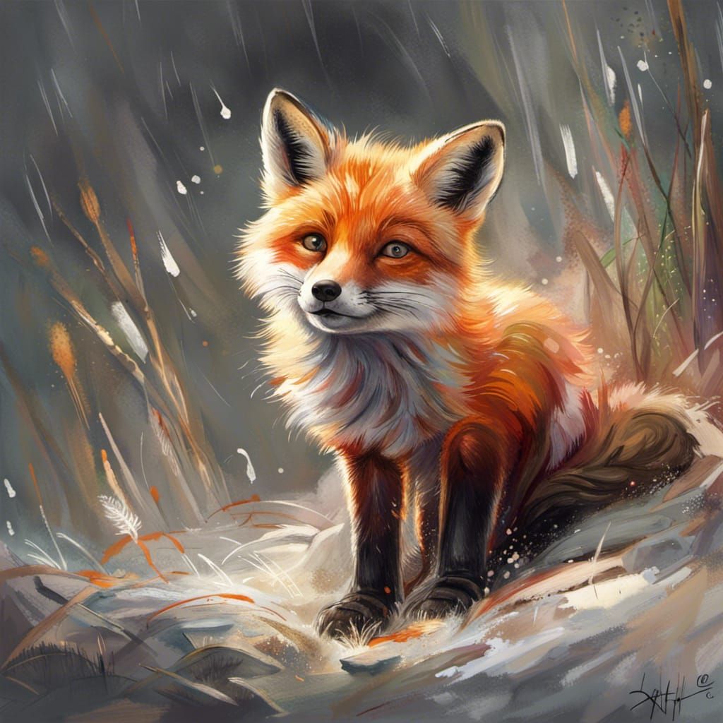 Happy Red Fox Cub in Oil Painting Style