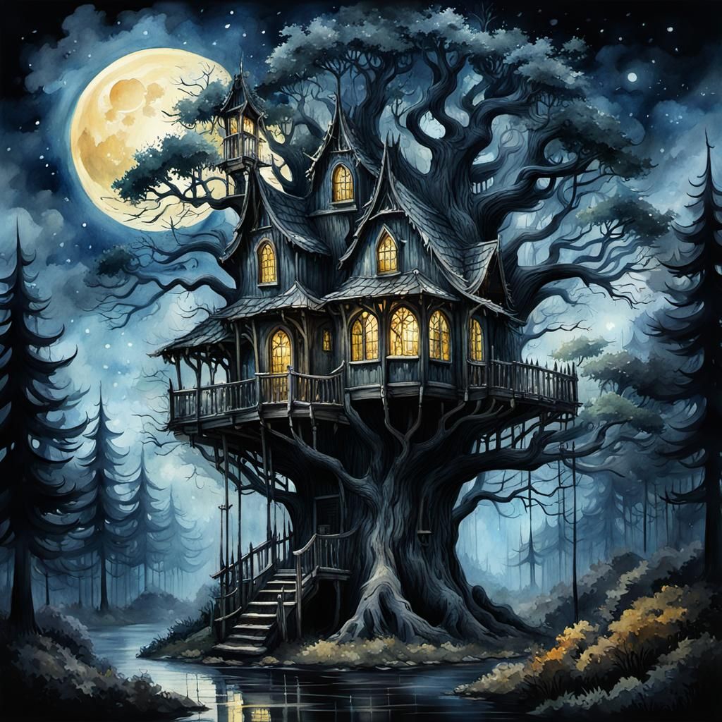 Dark Watercolor treehouse