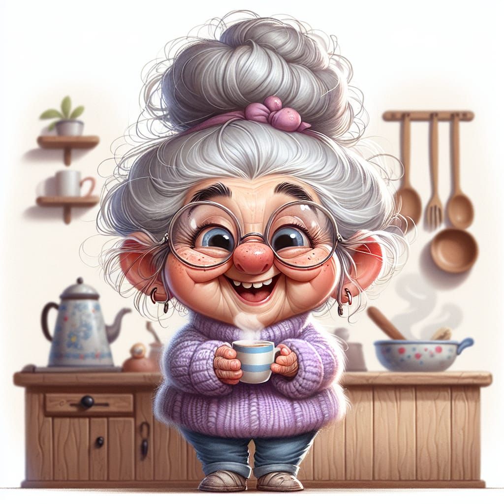 Whimsical Caricature of a Jovial Elderly Woman