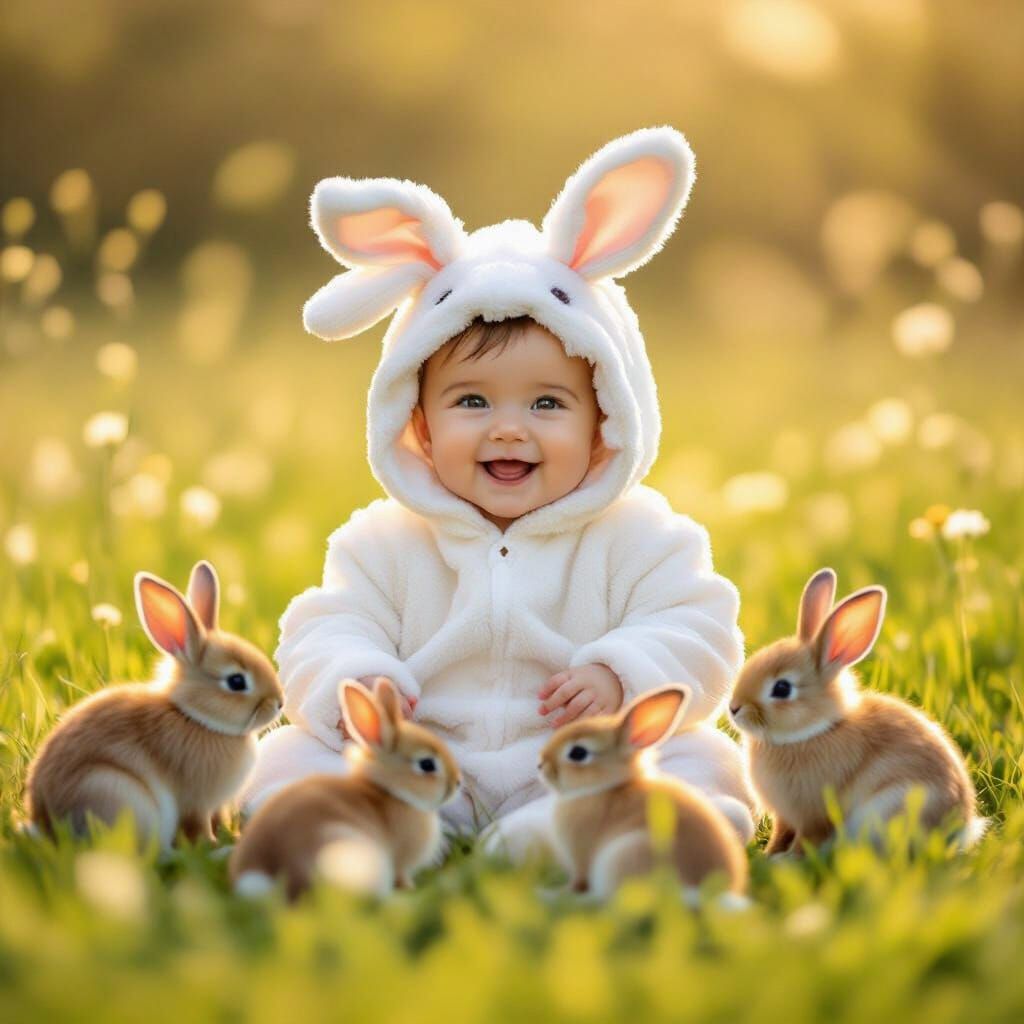 Joyful Baby in Bunny Costume Plays with Real Rabbits in Drea...