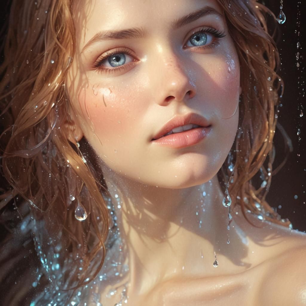 Sparkling Water Droplets on Woman: Hyperdetailed Portrait
