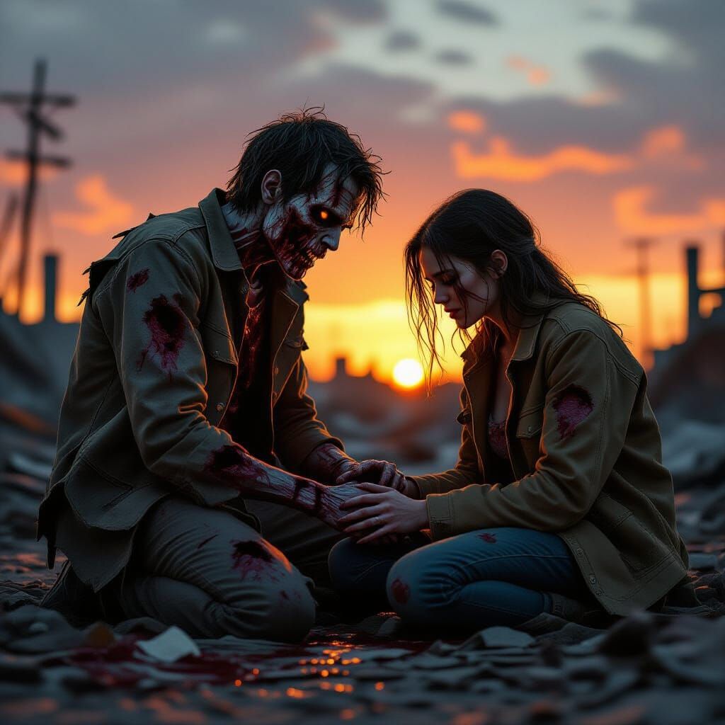 Sorrowful Zombie with Dying Human on Battlefield