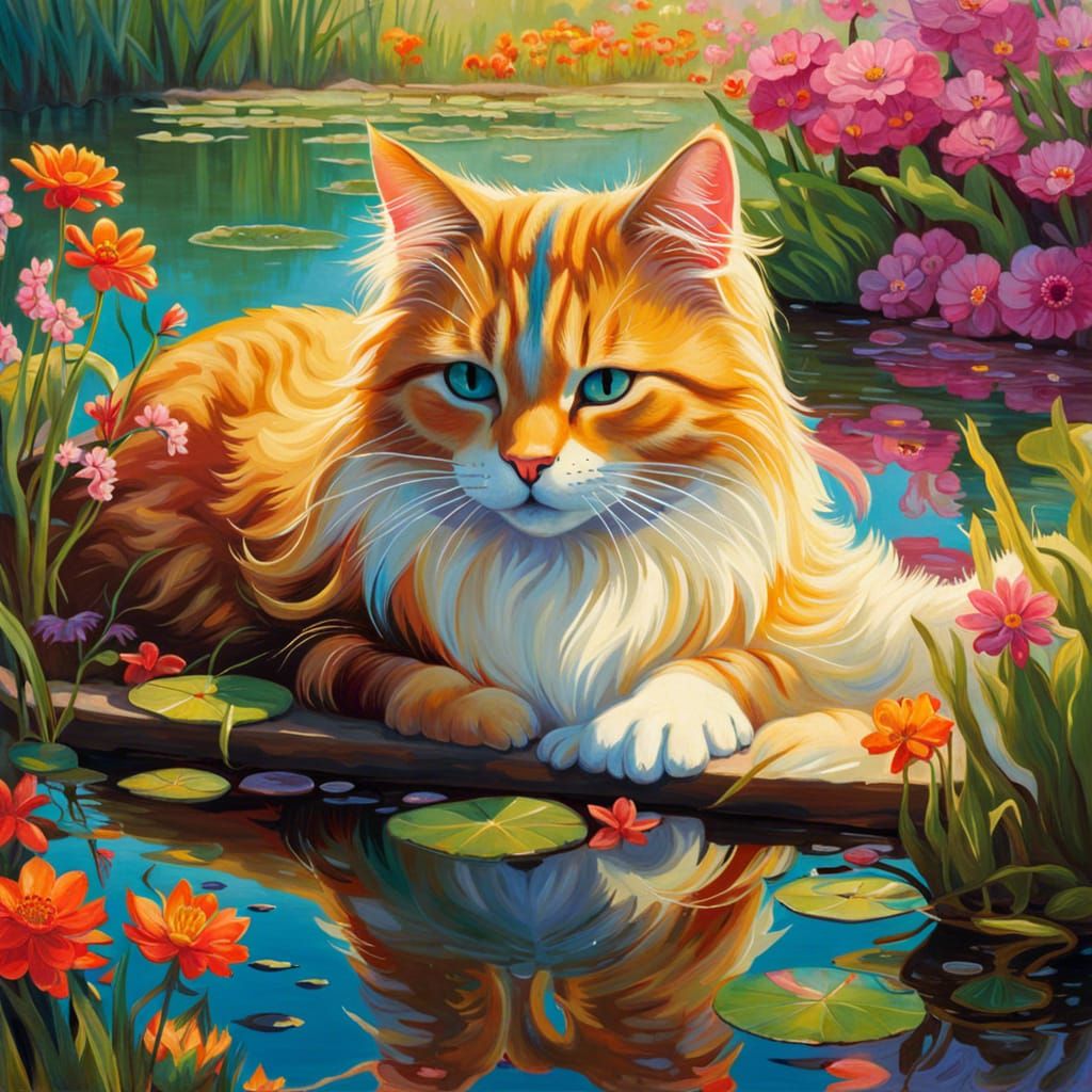 cat relaxing by a pond