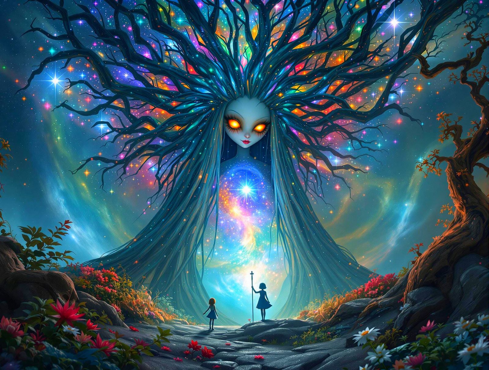 Surreal Whimsical Scene of a Haunting Doll Overlooking a Lit...