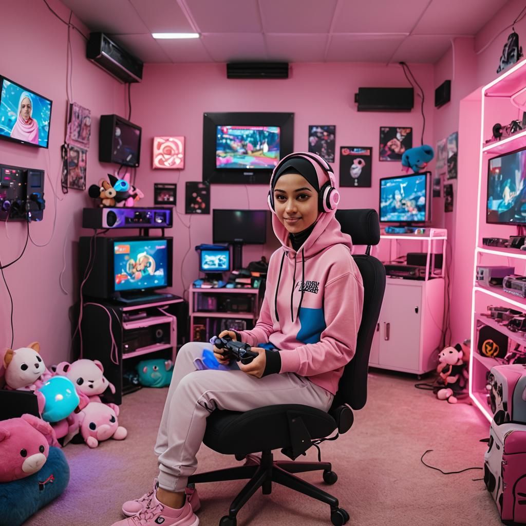 Girl in Hijab Gaming in Pink and Blue Room
