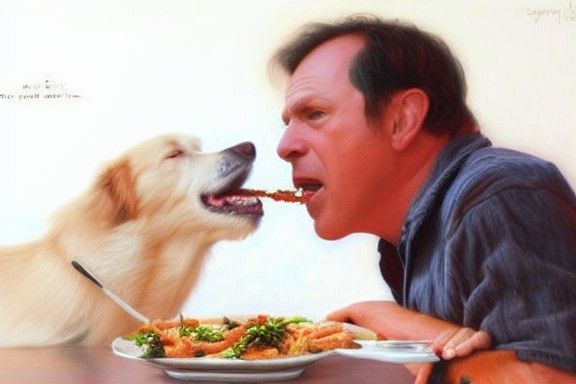 Man and Dog Share a Meal as Oil Painting