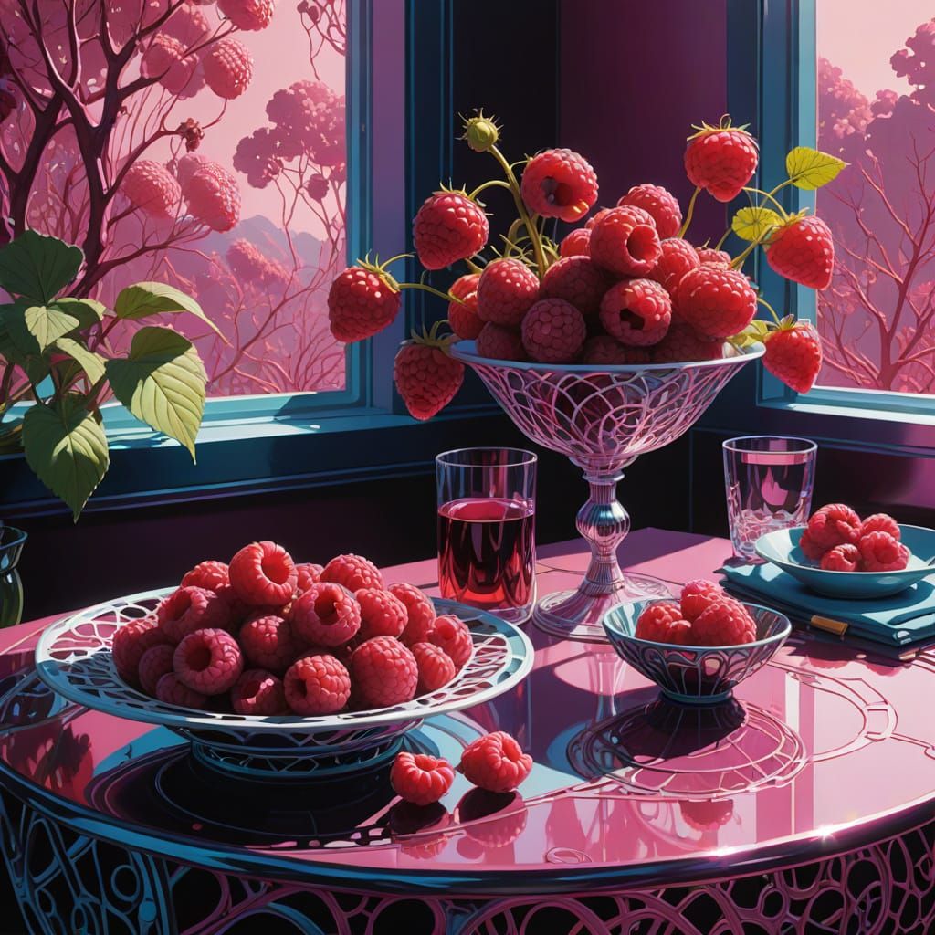 Vibrant Raspberry with Intricate Crocheted Lace, Hyper-Reali...