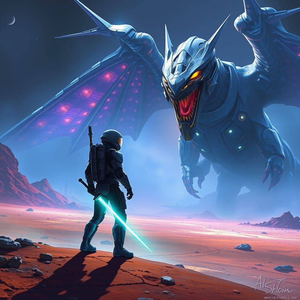 Astronaut Confronts Dragon on Alien Planet