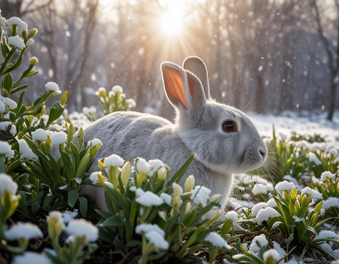 Rabbit Discovers First Spring Flower Amidst Snowy Landscape