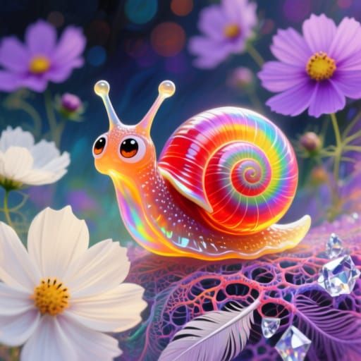 Prismatic Rainbow Glass Snail Portrait in Cosmic Floral Sett...