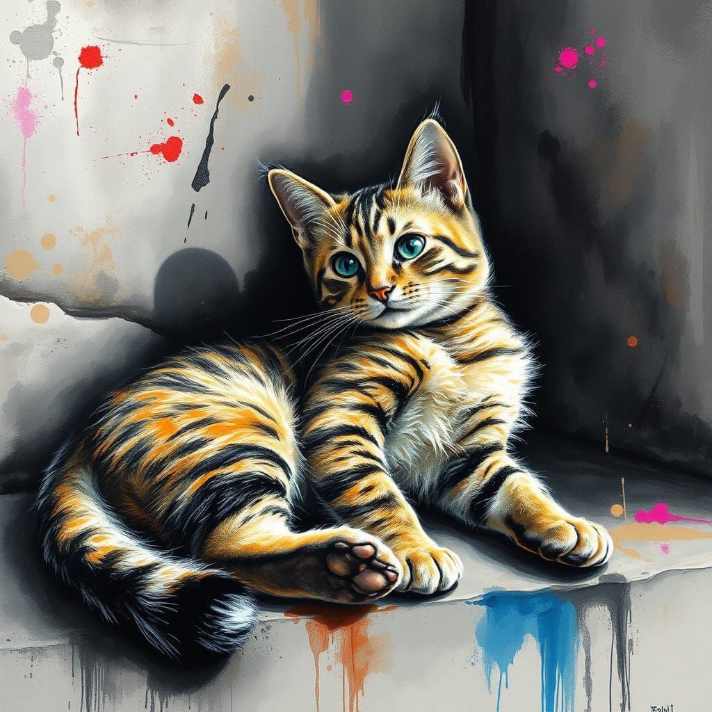 Cat Lounging: Hyperdetailed Gouache and Charcoal Drawing