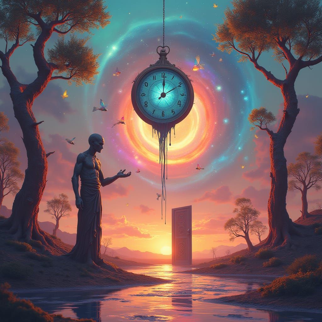 Surreal Sunset Landscape with Ethereal Figure and Celestial ...