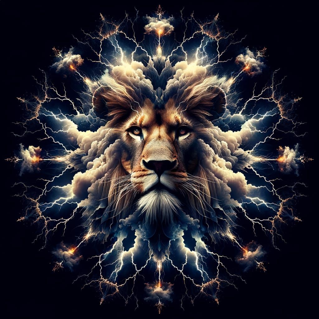 Kaleidoscope Lion and Lightning Storm in Double Exposure