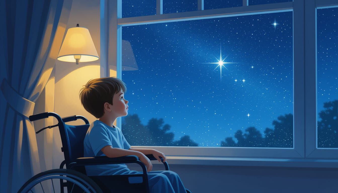Boy in Wheelchair Dreams Under Starry Night Sky