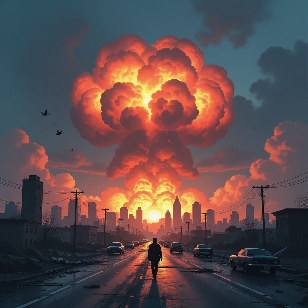 Dystopian Mushroom Cloud Explosion in Digital Art Style