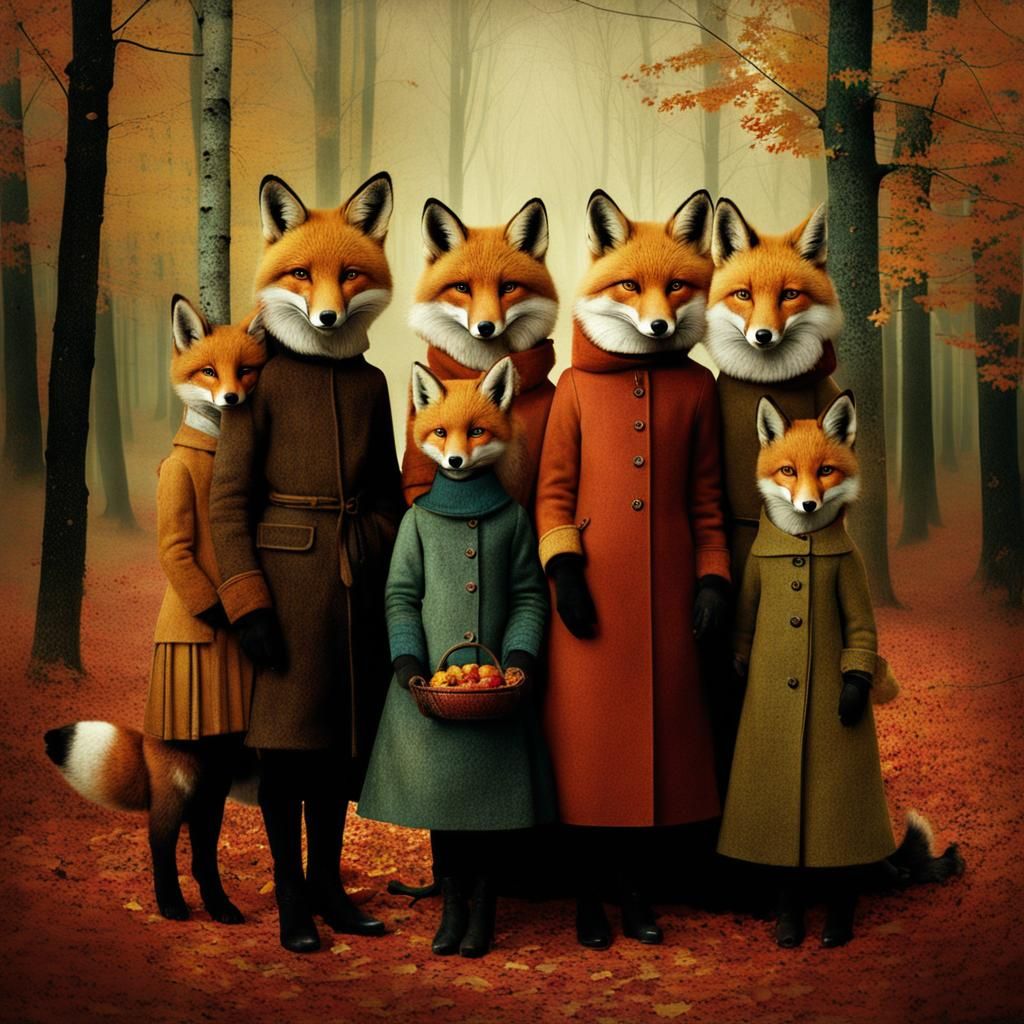 Fox Family in Autumn Woods: Surreal Art