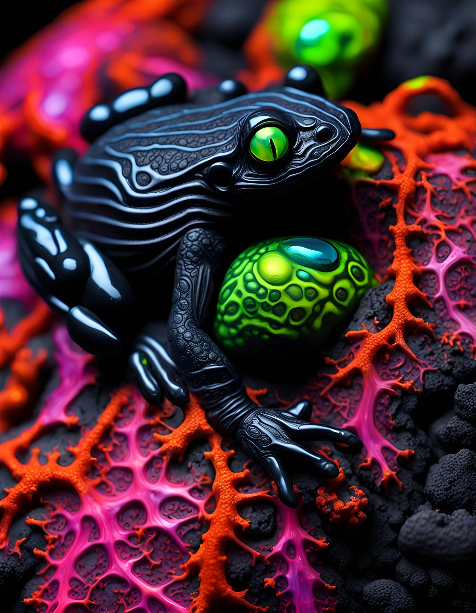 Fluorescent Amphibian Macro Photography in Giger Style