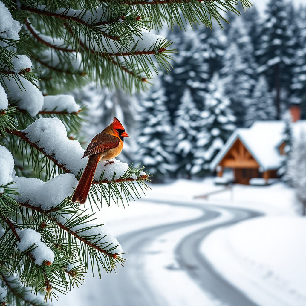 Winter Scene with Cardinal Perched on Pine