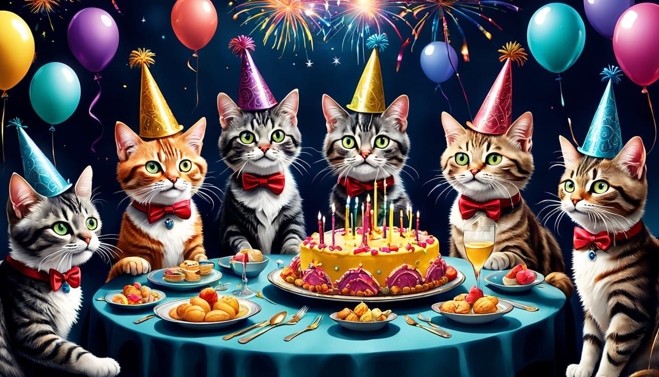 Vibrant Cats Gather at a Whimsical New Year's Eve Party