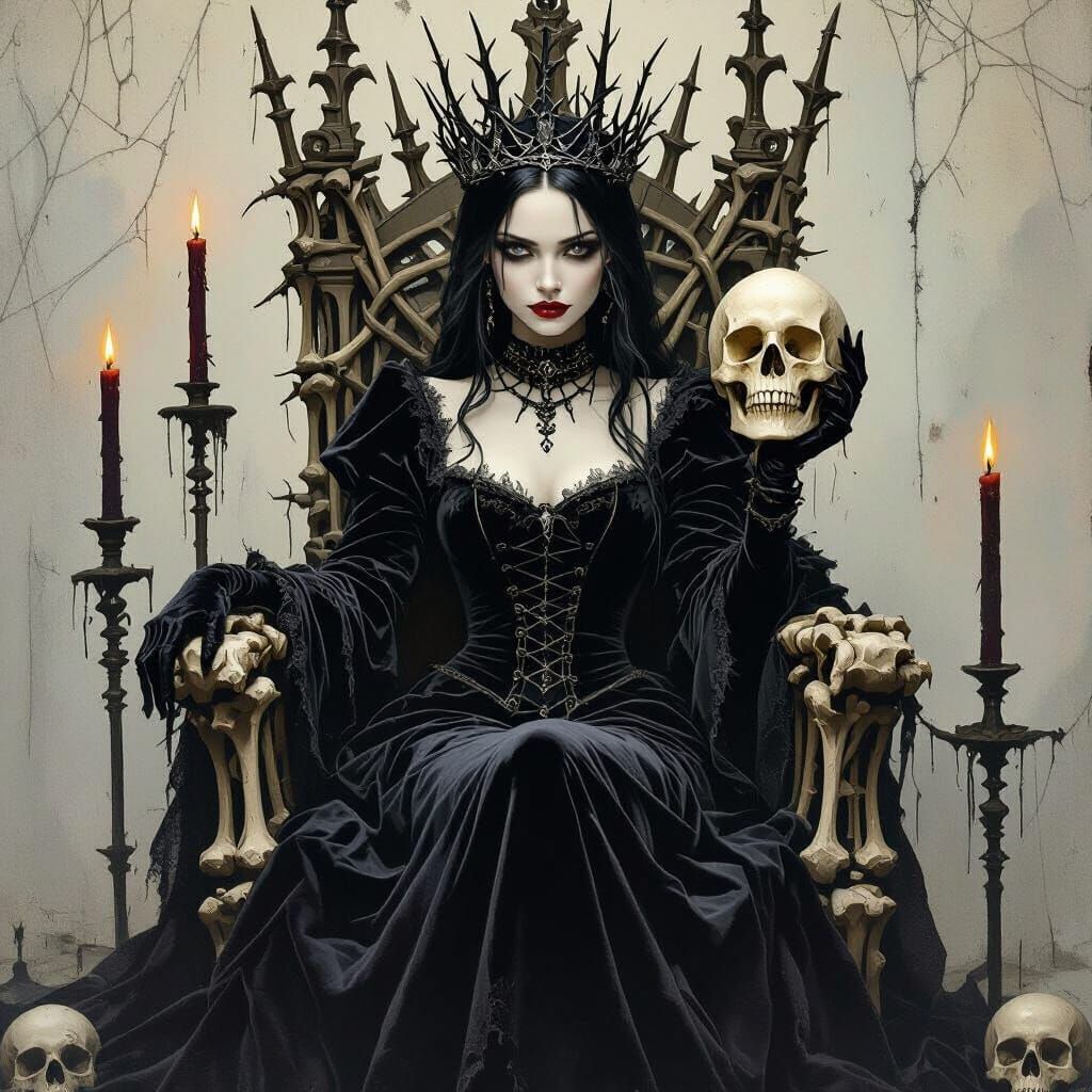 Gothic Princess on Bone Throne in Surreal Style